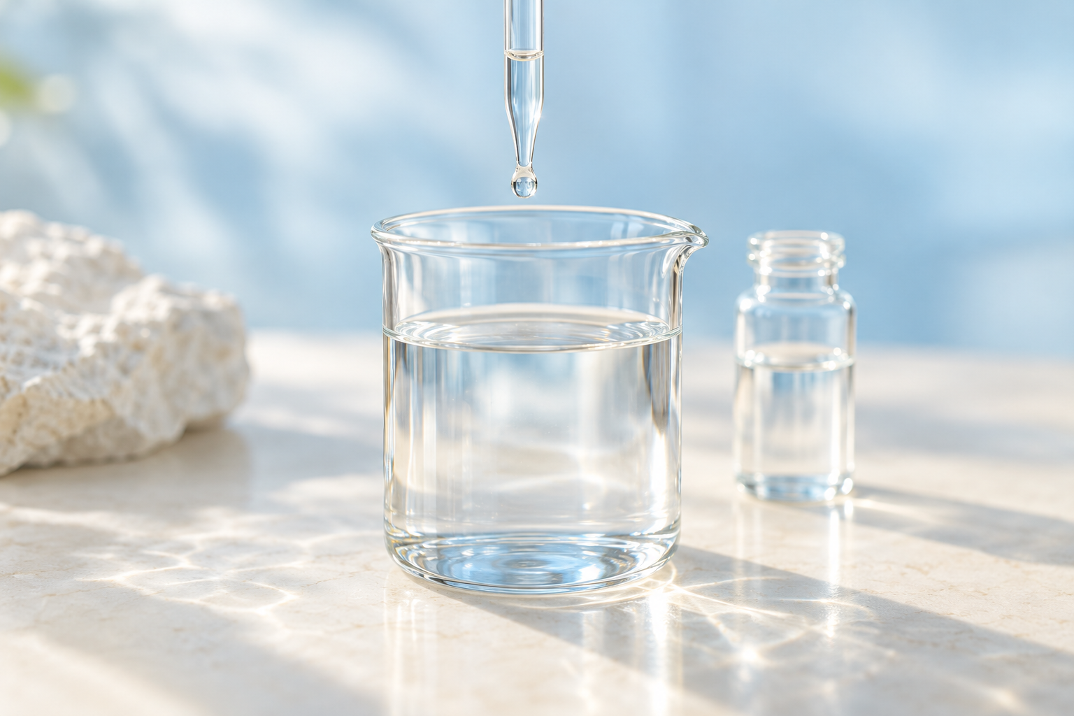 Cam beherde su numunesi, numune şişesi ve üzerinde bir damla bulunan pipet